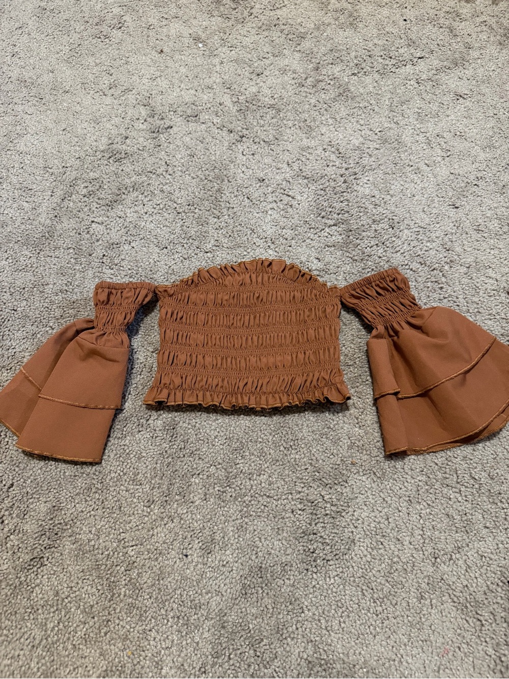 Brown Smocked Off-Shoulder Top with Ruffled Bell Sleeves - Kids